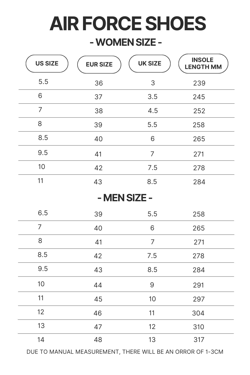Air Force Shoes Size Chart - One Piece Shoes