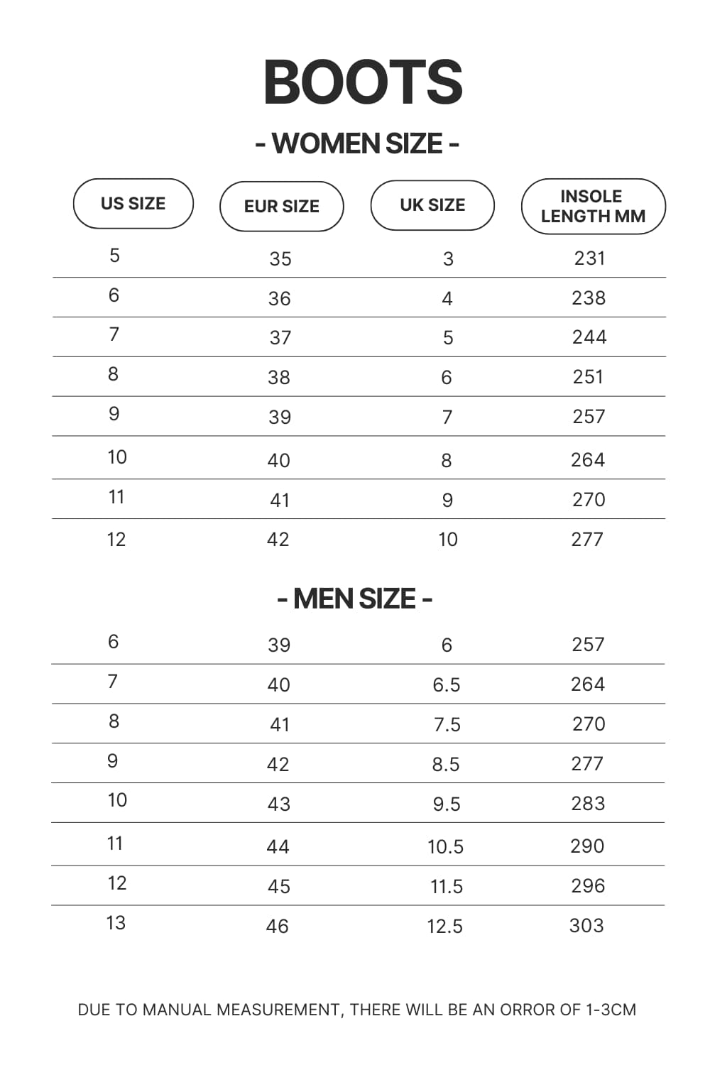 Boots Size Chart - One Piece Shoes