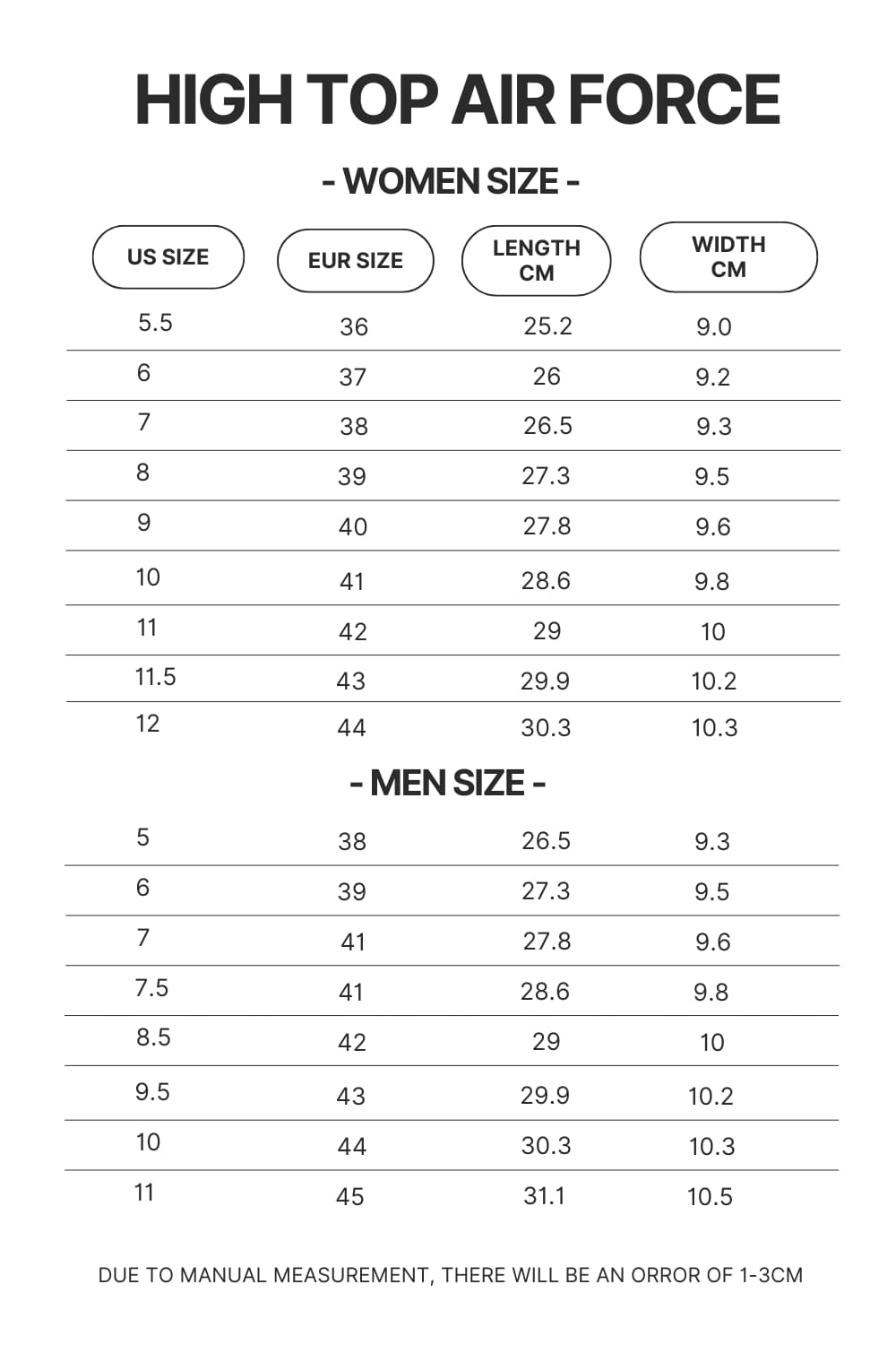 High Top Air Force Shoes Size Chart - One Piece Shoes