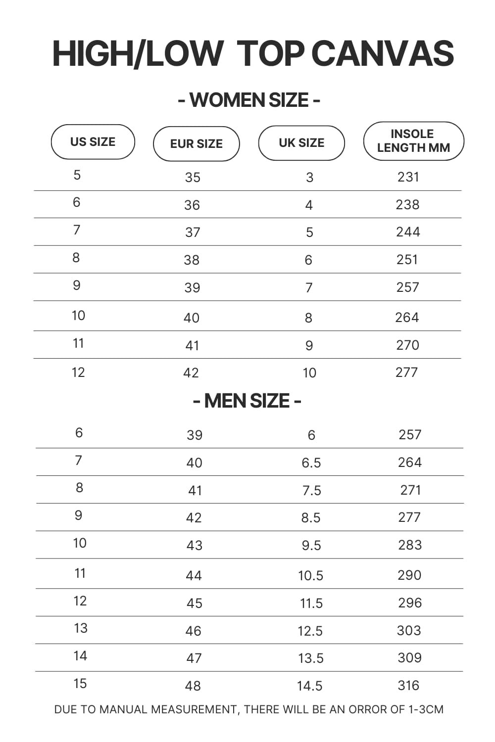 High Top Low Top Canvas Shoes Size Chart - One Piece Shoes
