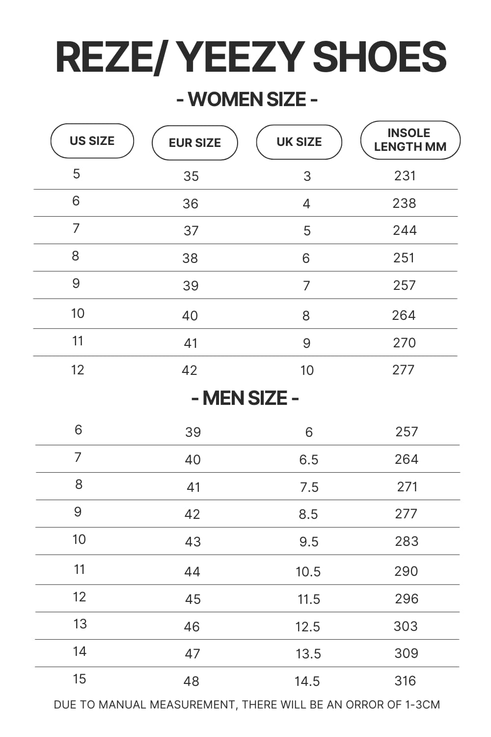 Reze Yeezy Shoes Size Chart - One Piece Shoes